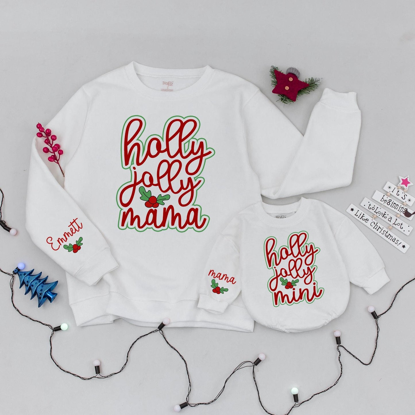 Holly Jolly Mama and Mini Matching Christmas Sweatshirts, Festive Mommy and Me Holiday Outfit, Personalized Sleeve, Cute Family Xmas Gift, Red & Green 139 chars