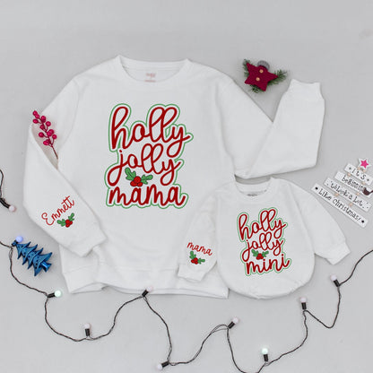 Holly Jolly Mama and Mini Matching Christmas Sweatshirts, Festive Mommy and Me Holiday Outfit, Personalized Sleeve, Cute Family Xmas Gift, Red & Green 139 chars