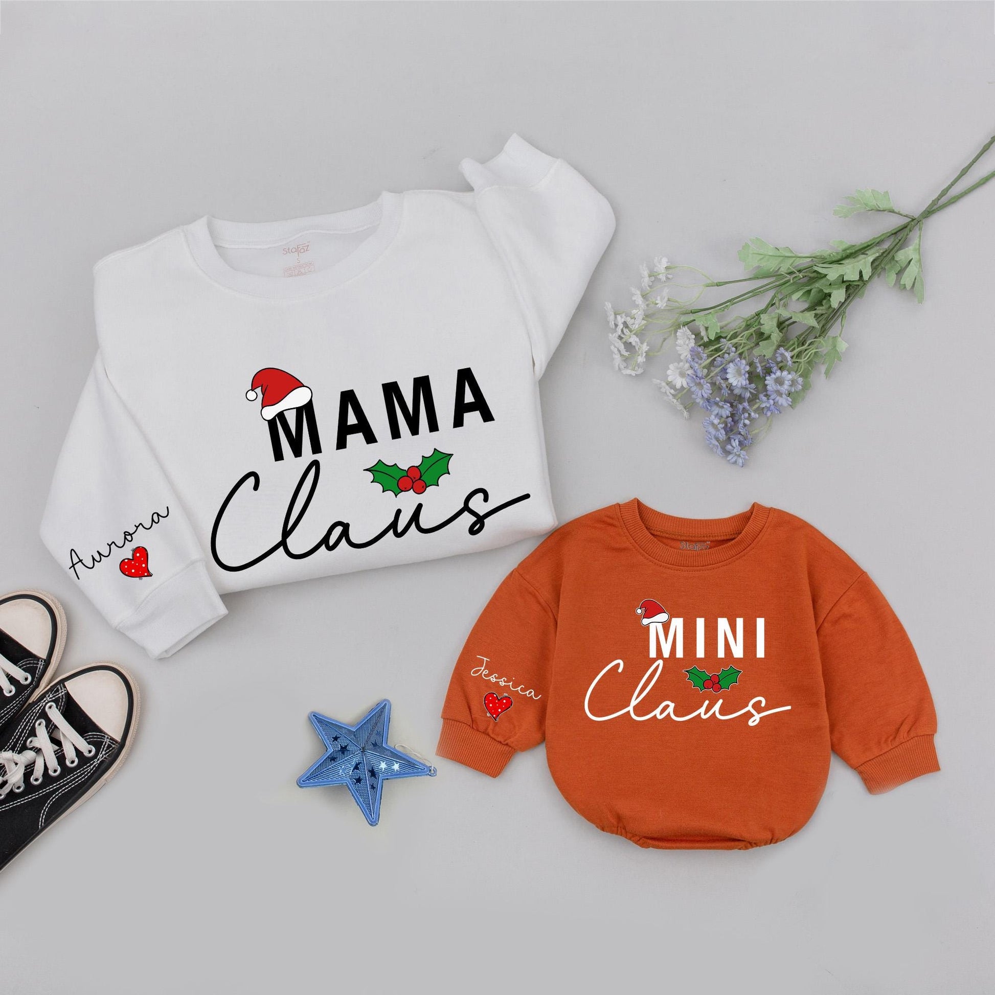 Personalized Family Mama Dada Mini Claus Matching Christmas Sweatshirts Retro Vintage Holiday Design with Custom Names and Cozy Holly Sprigs