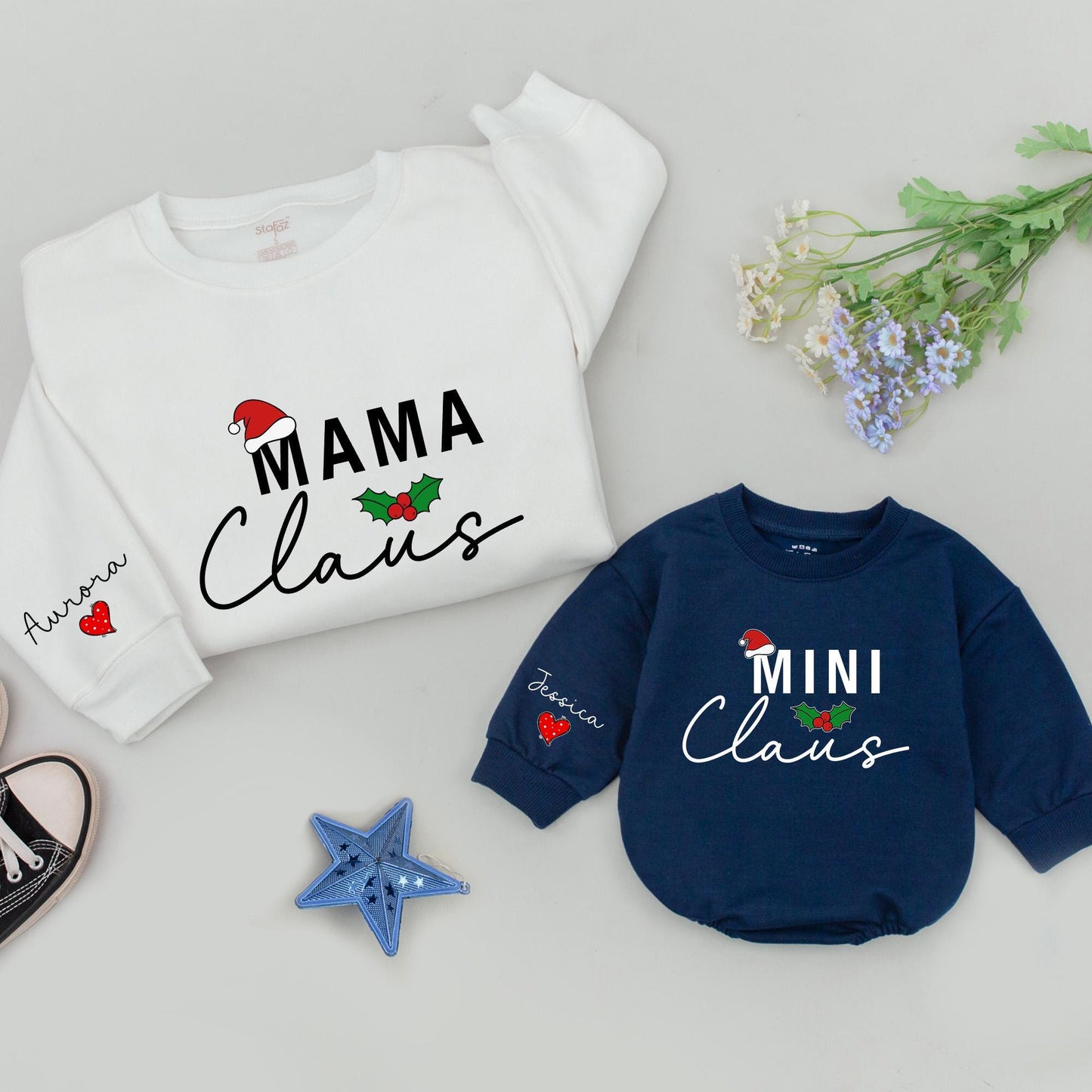 Personalized Family Mama Dada Mini Claus Matching Christmas Sweatshirts Retro Vintage Holiday Design with Custom Names and Cozy Holly Sprigs