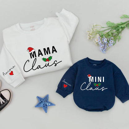 Personalized Family Mama Dada Mini Claus Matching Christmas Sweatshirts Retro Vintage Holiday Design with Custom Names and Cozy Holly Sprigs