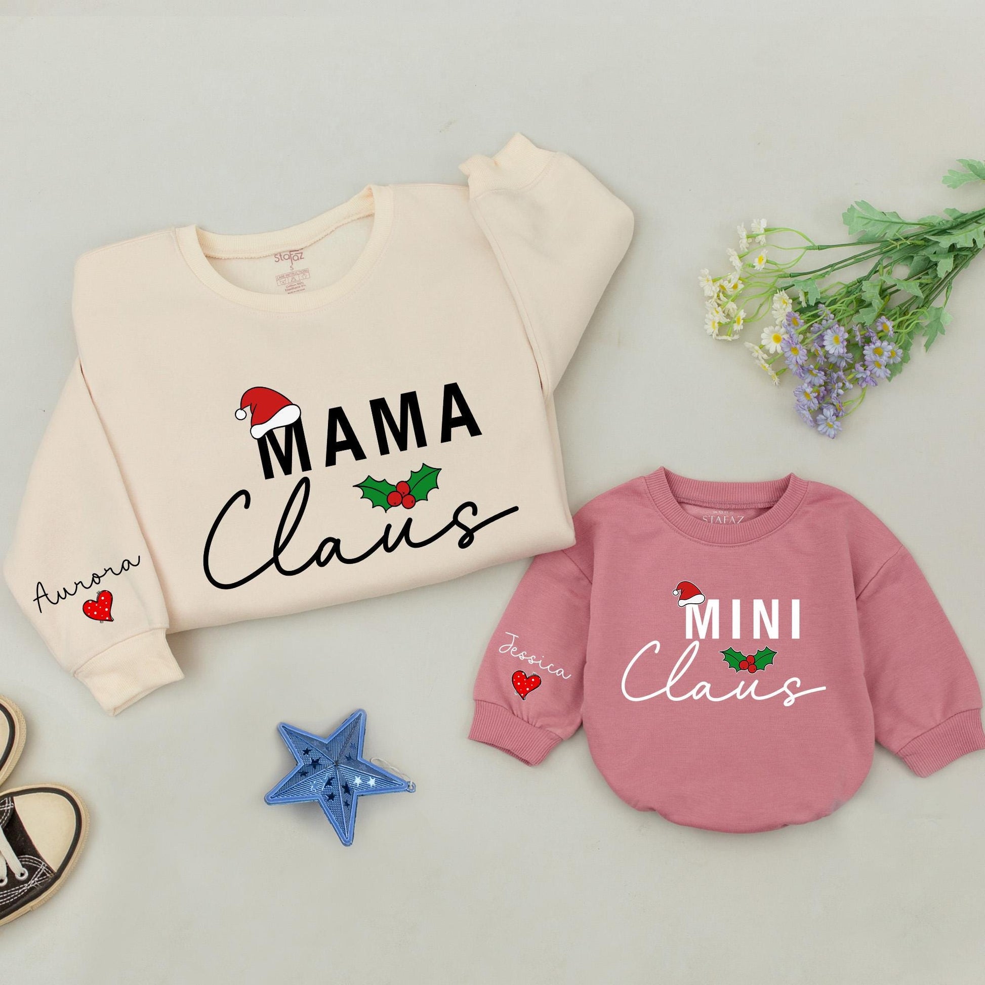 Personalized Family Mama Dada Mini Claus Matching Christmas Sweatshirts Retro Vintage Holiday Design with Custom Names and Cozy Holly Sprigs