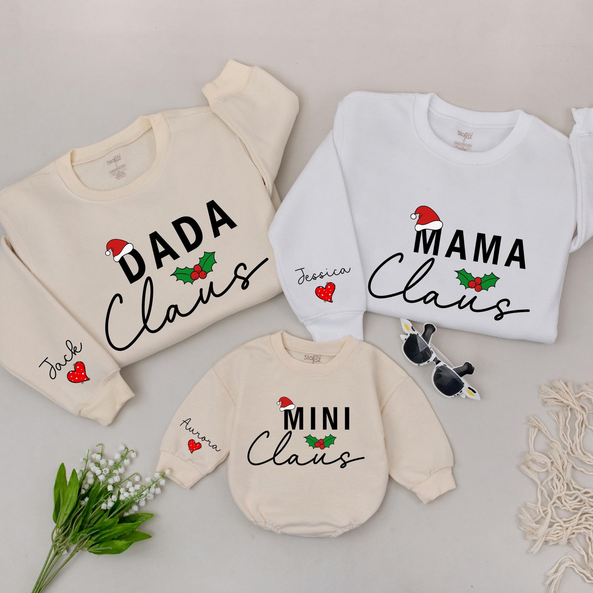Personalized Family Mama Dada Mini Claus Matching Christmas Sweatshirts Retro Vintage Holiday Design with Custom Names and Cozy Holly Sprigs