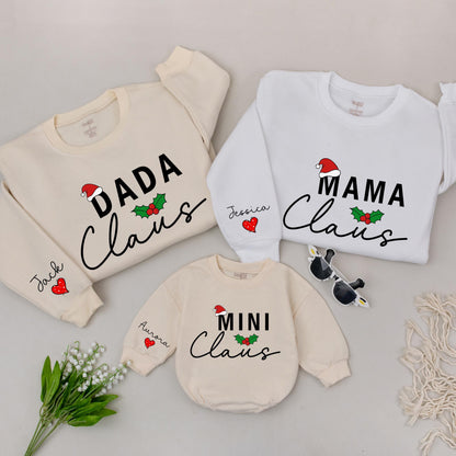 Personalized Family Mama Dada Mini Claus Matching Christmas Sweatshirts Retro Vintage Holiday Design with Custom Names and Cozy Holly Sprigs