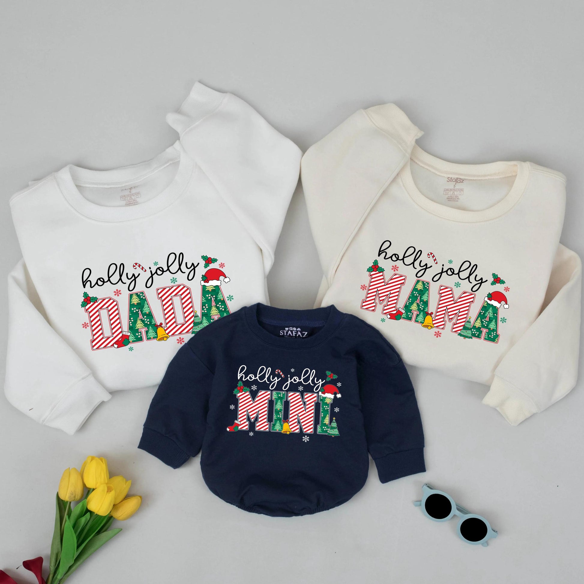Holly Jolly Mama Dada Mini Matching Family Christmas Sweaters Festive Candy Cane & Tree Design Cozy Xmas Outfits