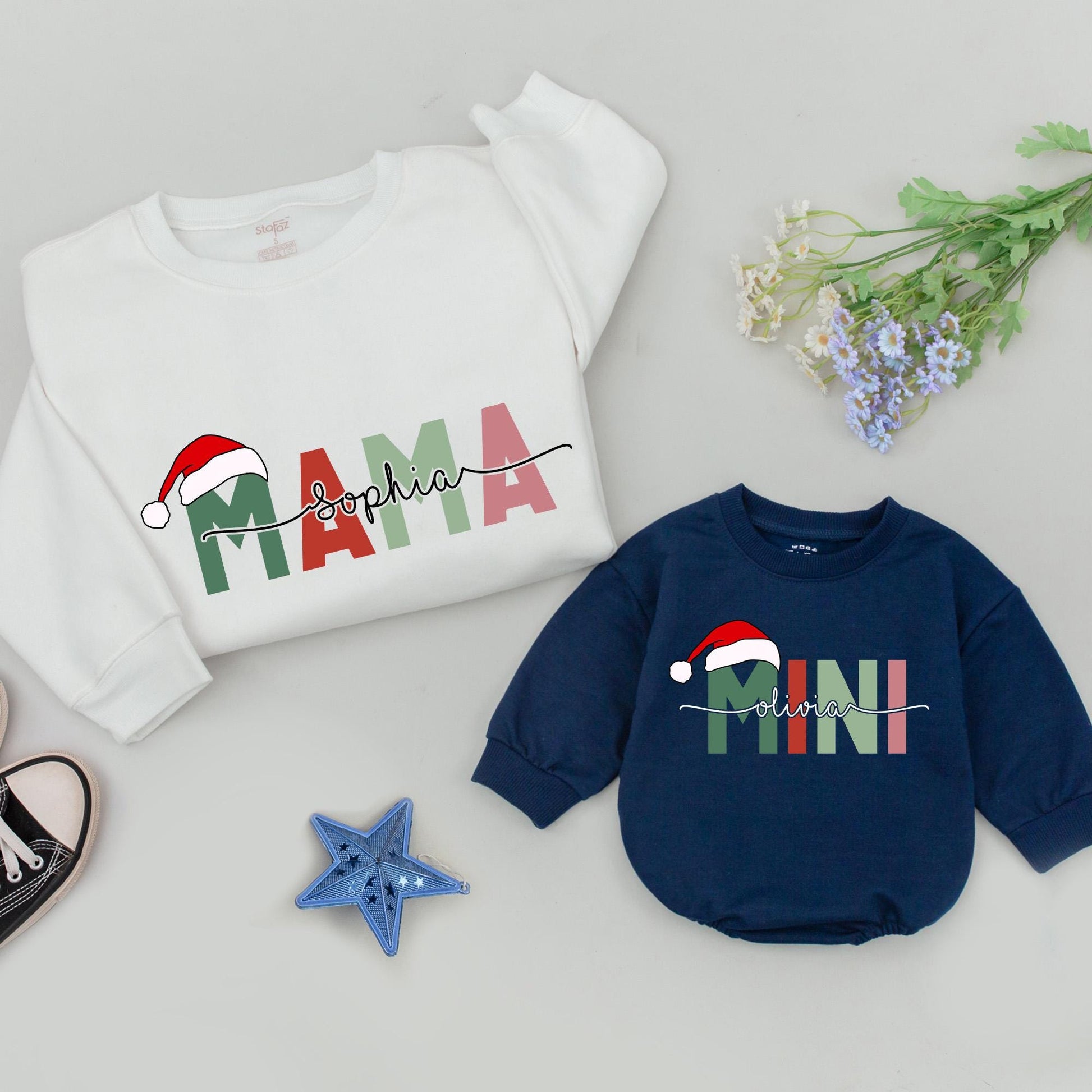 Matching Family Christmas Sweatshirts Retro Vintage Outfit, Custom Mama Dada Mini Sweater, Mommy & Me Outfit, Baby Romper Gift