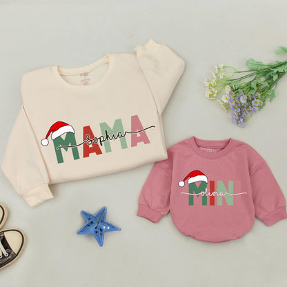 Matching Family Christmas Sweatshirts Retro Vintage Outfit, Custom Mama Dada Mini Sweater, Mommy & Me Outfit, Baby Romper Gift
