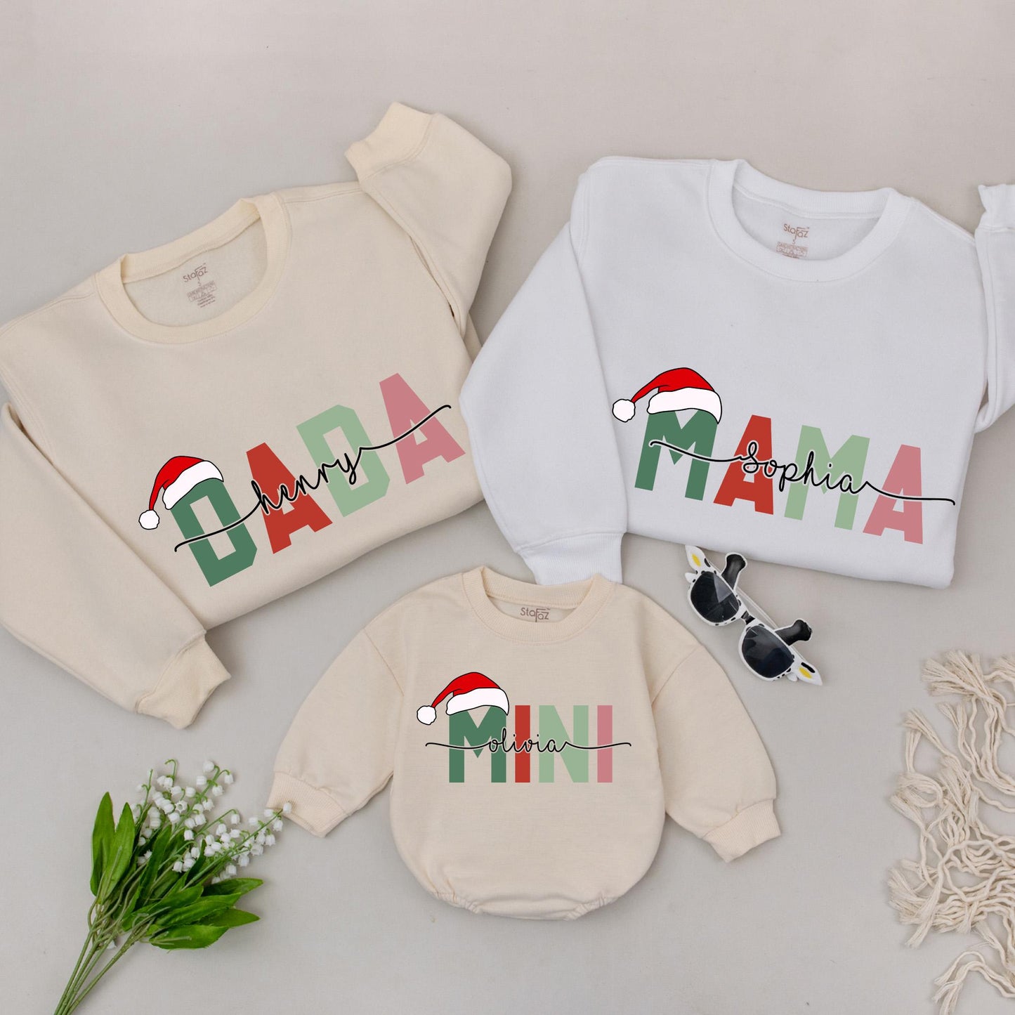 Matching Family Christmas Sweatshirts Retro Vintage Outfit, Custom Mama Dada Mini Sweater, Mommy & Me Outfit, Baby Romper Gift