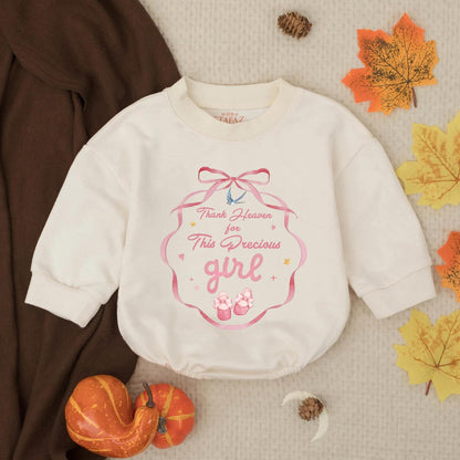 Thank Heaven for This Precious Girl Pink Bubble Romper Infant Toddler Outfit Religious Faith Baby Gift Bluebird Ballet Slippers