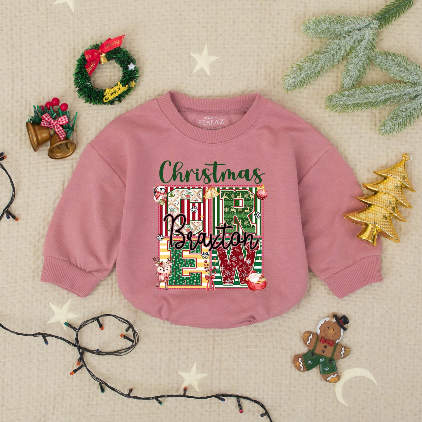 Personalized Christmas Name Romper Braxton Lew Xmas Baby Outfit Custom Family Holiday Babysuit, Playful Festive First Christmas Gift, Photo Clothes 138 Chars