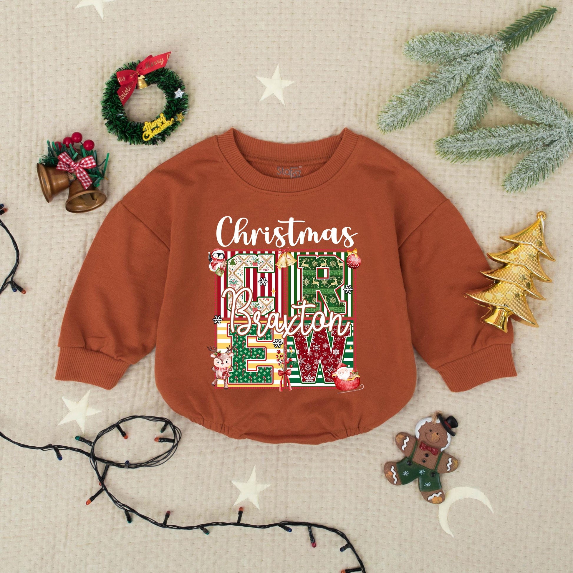 Personalized Christmas Name Romper Braxton Lew Xmas Baby Outfit Custom Family Holiday Babysuit, Playful Festive First Christmas Gift, Photo Clothes 138 Chars