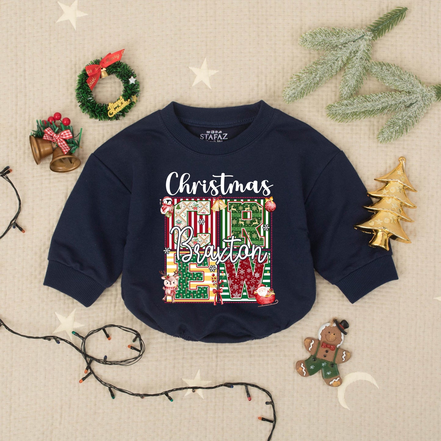 Personalized Christmas Name Romper Braxton Lew Xmas Baby Outfit Custom Family Holiday Babysuit, Playful Festive First Christmas Gift, Photo Clothes 138 Chars