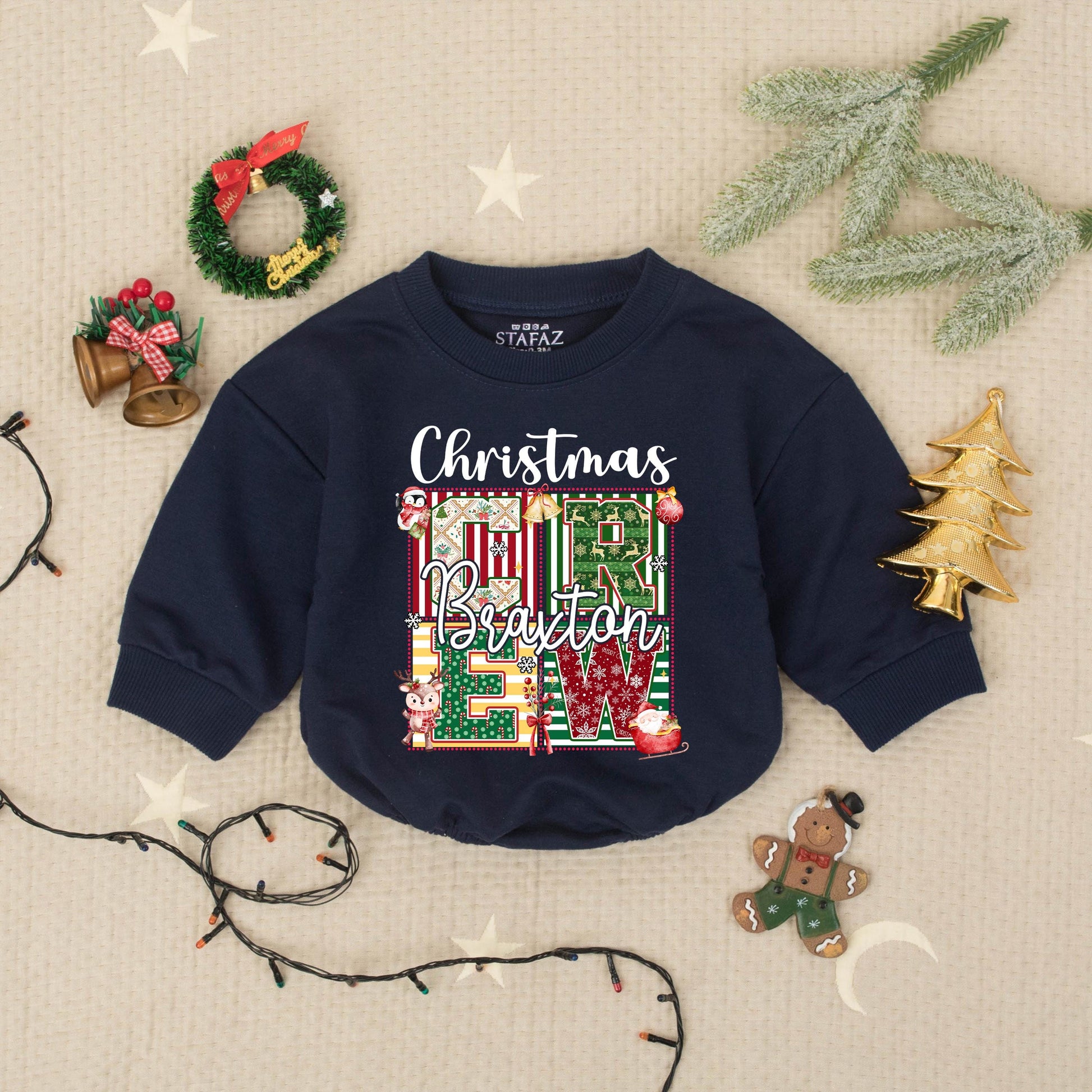 Personalized Christmas Name Romper Braxton Lew Xmas Baby Outfit Custom Family Holiday Babysuit, Playful Festive First Christmas Gift, Photo Clothes 138 Chars