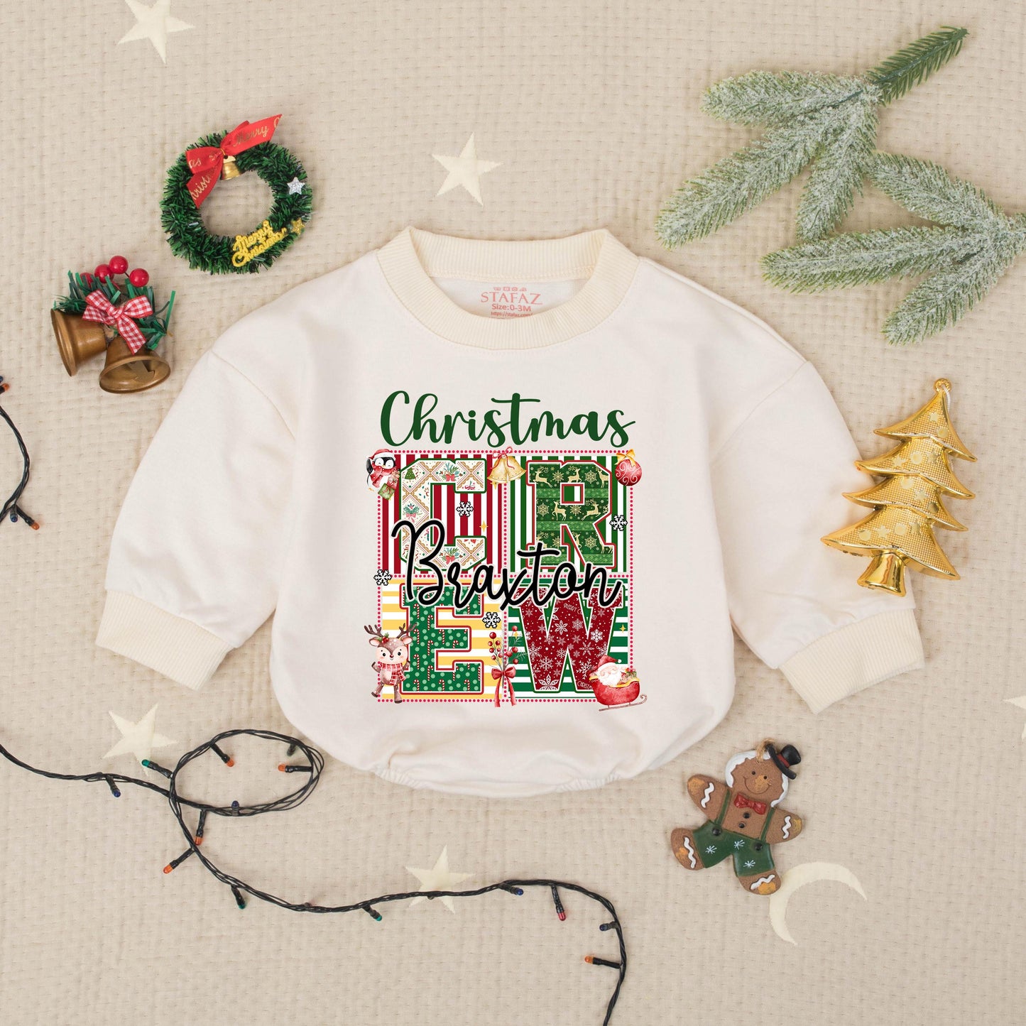 Personalized Christmas Name Romper Braxton Lew Xmas Baby Outfit Custom Family Holiday Babysuit, Playful Festive First Christmas Gift, Photo Clothes 138 Chars