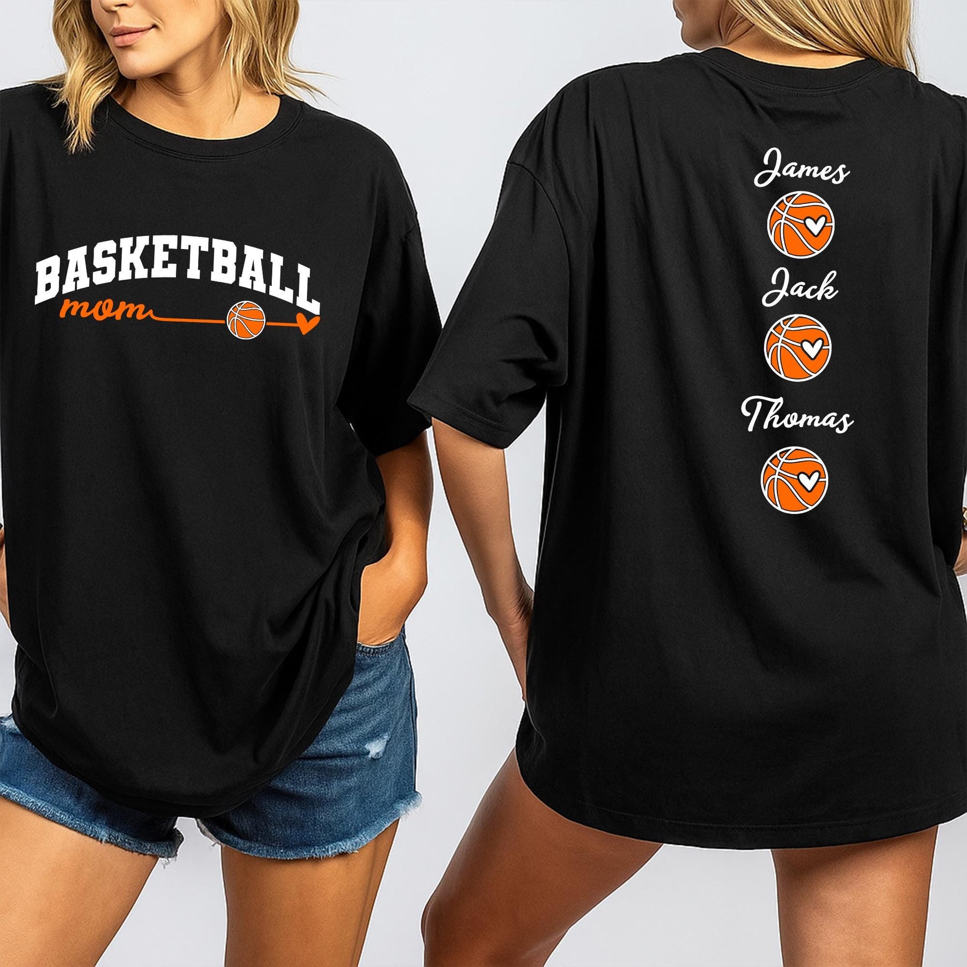 Custom Basketball Mom Shirt with Kids Names Game Day Personalized Tee Proud Mama Sporty Design