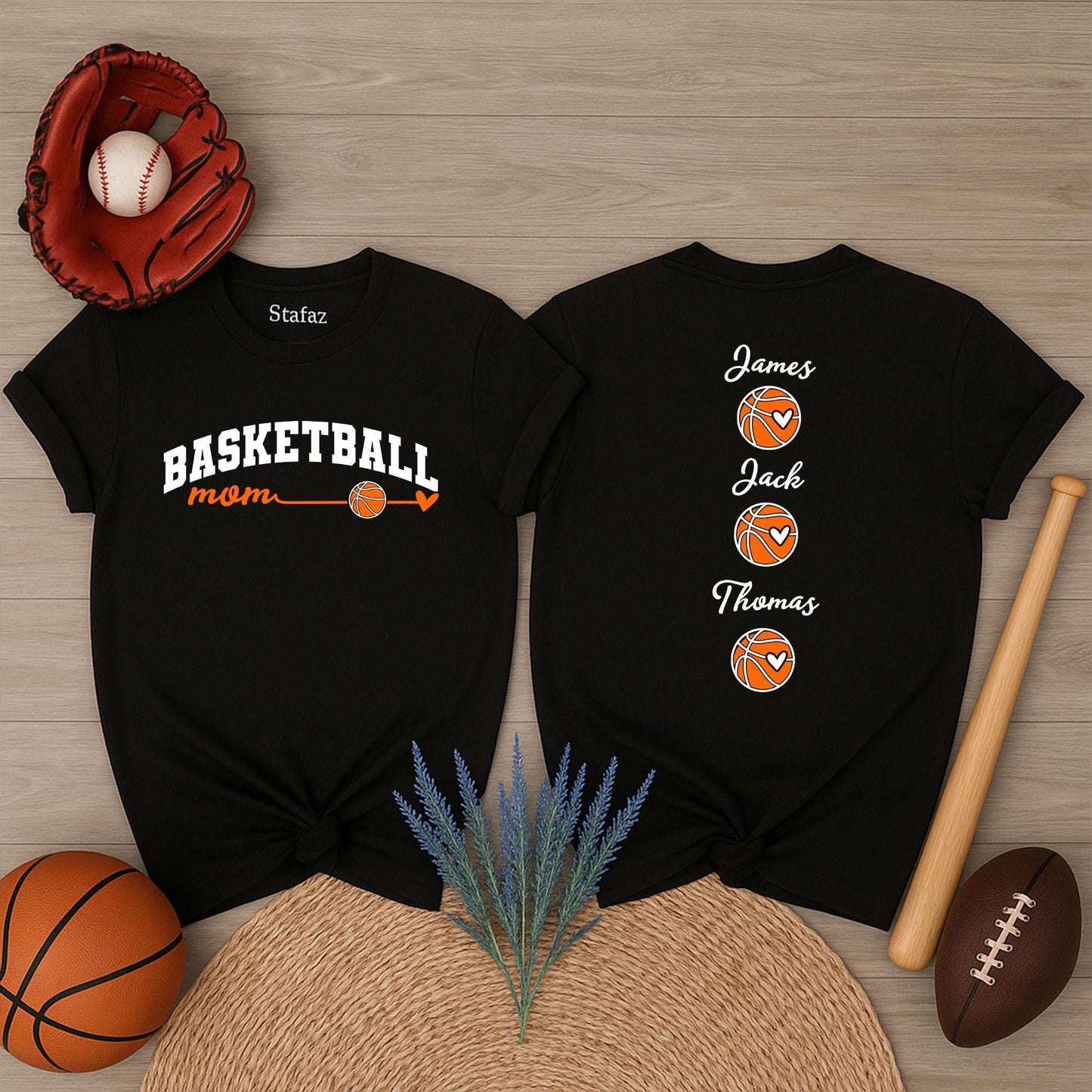 Custom Basketball Mom Shirt with Kids Names Game Day Personalized Tee Proud Mama Sporty Design