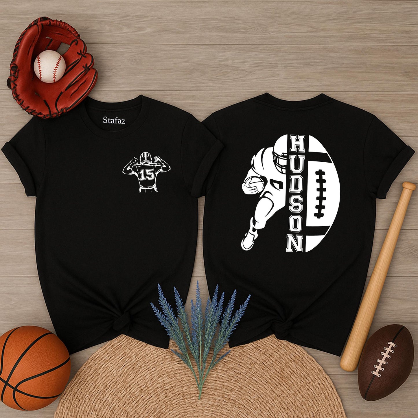 Custom Football Jersey Shirt with Number 15 & Player Graphic or HUDSON Football Tee | Sports Fan Gift