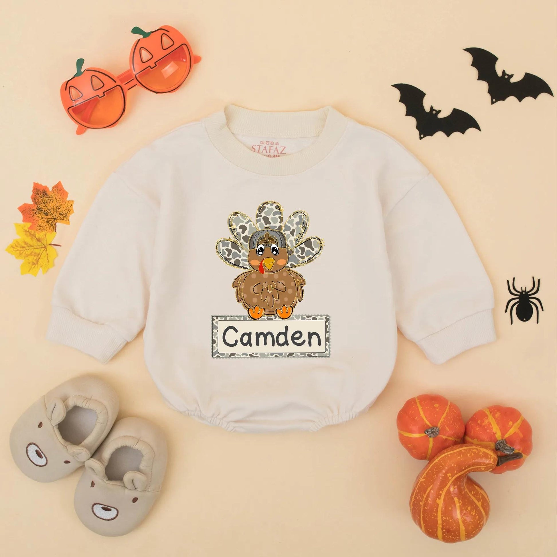 Camo Turkey Matching Sweatshirt Romper Thanksgiving Outfit, Personalized Fall Baby Clothes, First Thanksgiving Gift Boy or Girl, Cute Thanksgiving Outfit 