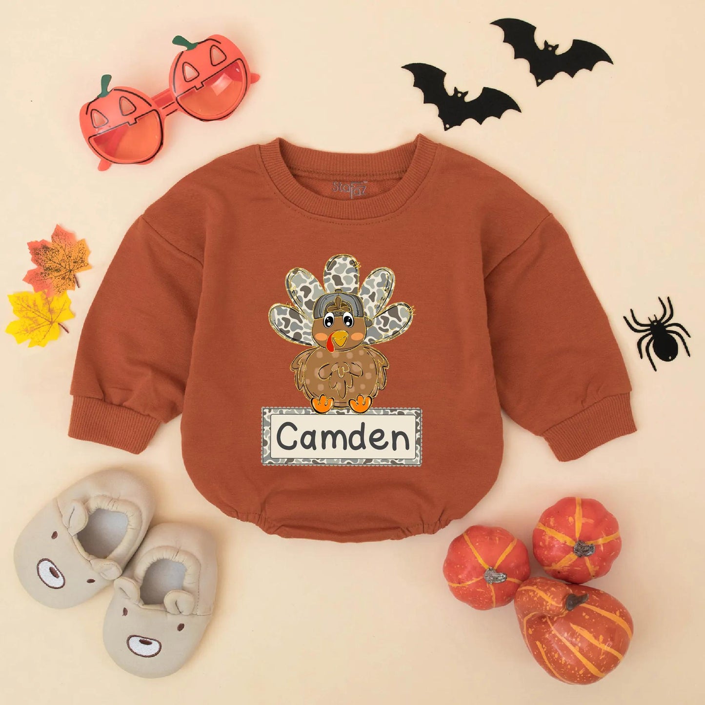 Camo Turkey Matching Sweatshirt Romper Thanksgiving Outfit, Personalized Fall Baby Clothes, First Thanksgiving Gift Boy or Girl, Cute Thanksgiving Outfit 