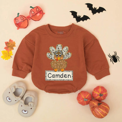 Camo Turkey Matching Sweatshirt Romper Thanksgiving Outfit, Personalized Fall Baby Clothes, First Thanksgiving Gift Boy or Girl, Cute Thanksgiving Outfit 