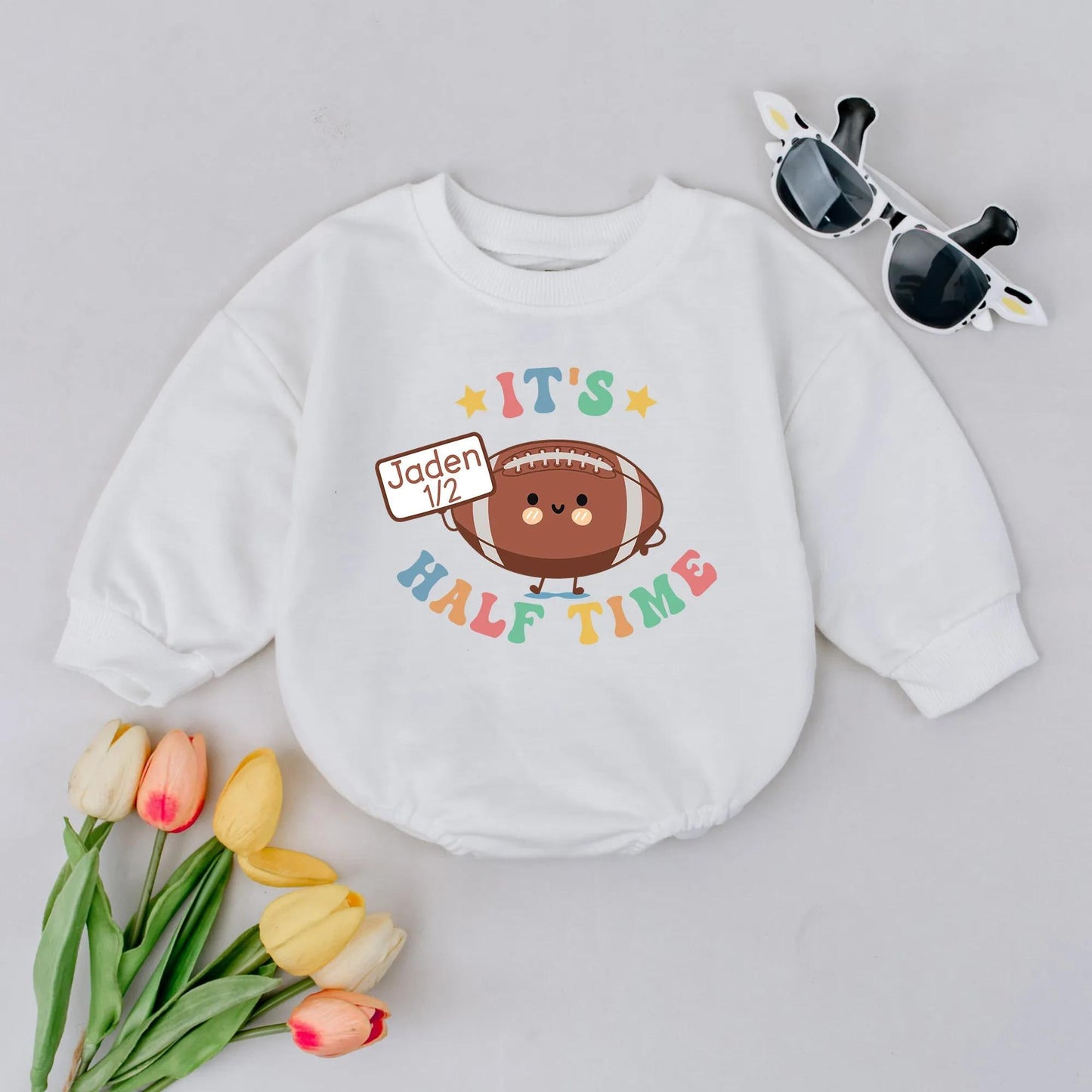Personalized Football Half Birthday Romper It's Half Time Baby Outfit Smiling Cartoon Football Pastel Rainbow Design 6 Month Gift