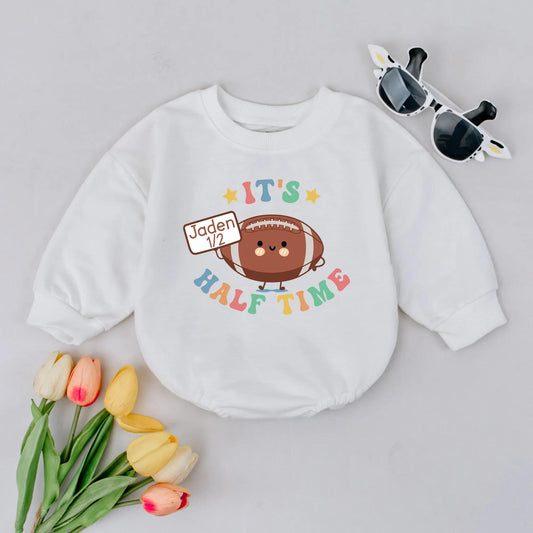 Personalized Football Half Birthday Romper It's Half Time Baby Outfit Smiling Cartoon Football Pastel Rainbow Design 6 Month Gift