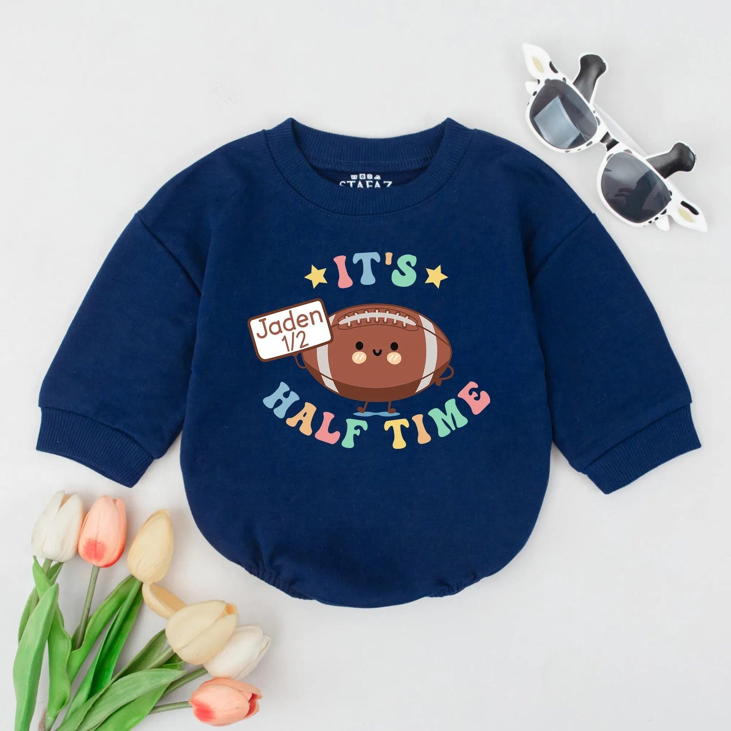 Personalized Football Half Birthday Romper It's Half Time Baby Outfit Smiling Cartoon Football Pastel Rainbow Design 6 Month Gift