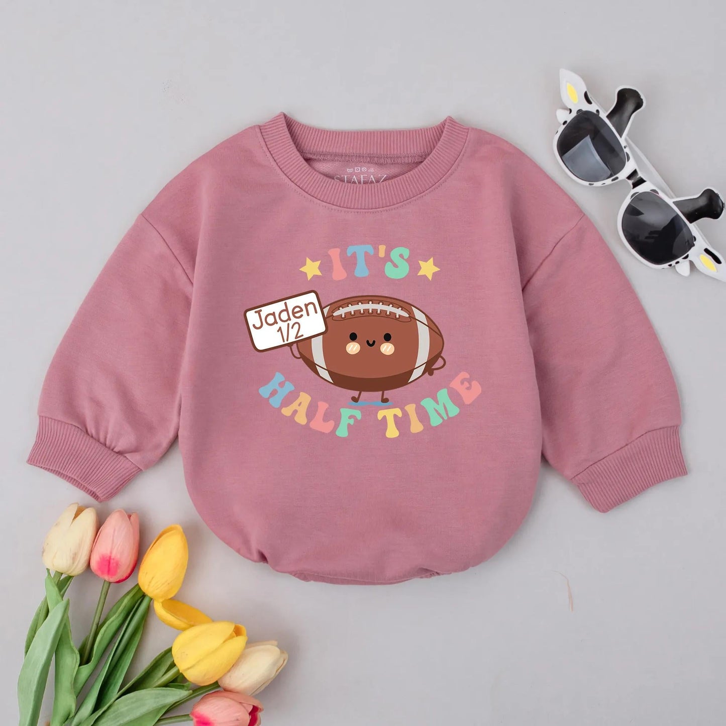 Personalized Football Half Birthday Romper It's Half Time Baby Outfit Smiling Cartoon Football Pastel Rainbow Design 6 Month Gift