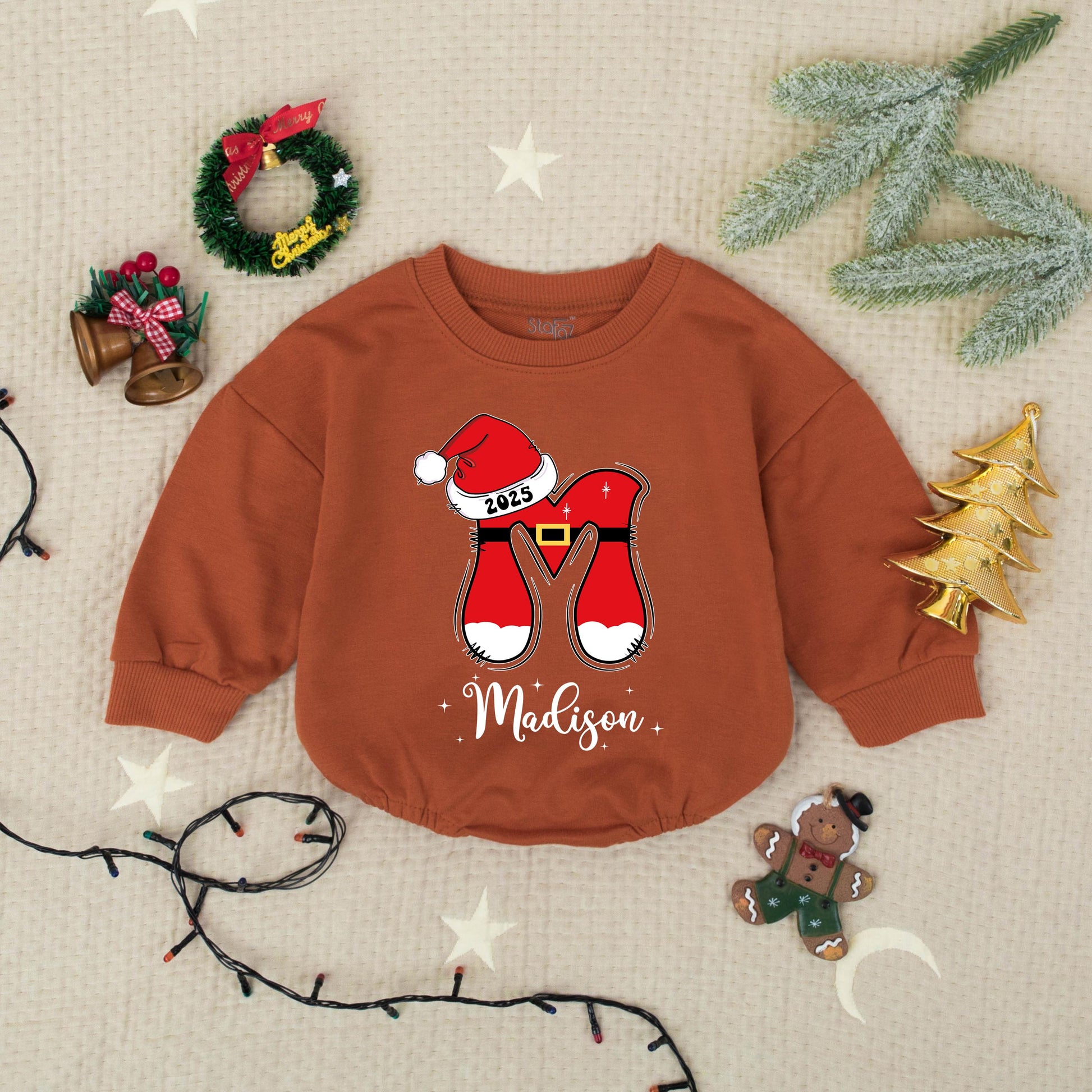 Madison's First Christmas 2025 Romper, Custom Santa Legs Holiday Outfit, Festive Xmas Babysuit, Personalized Baby Shower Gift, Cheerful Toddler Clothes