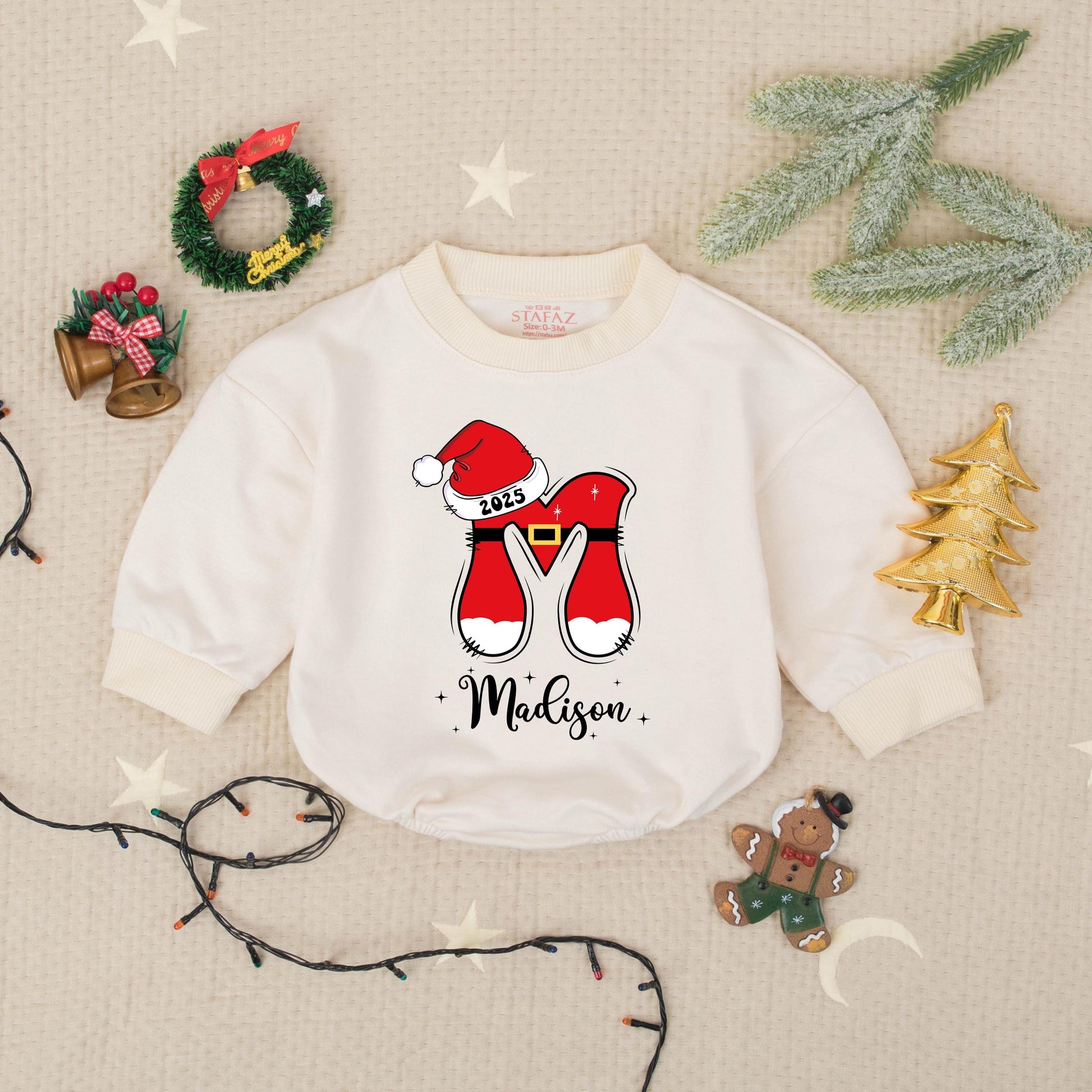 Madison's First Christmas 2025 Romper, Custom Santa Legs Holiday Outfit, Festive Xmas Babysuit, Personalized Baby Shower Gift, Cheerful Toddler Clothes