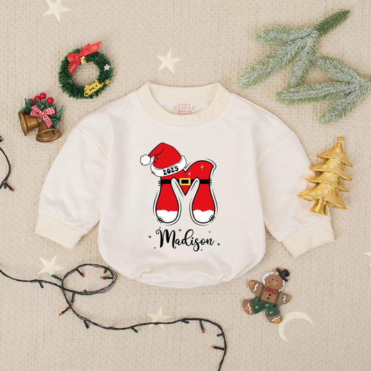 Madison's First Christmas 2025 Romper, Custom Santa Legs Holiday Outfit, Festive Xmas Babysuit, Personalized Baby Shower Gift, Cheerful Toddler Clothes