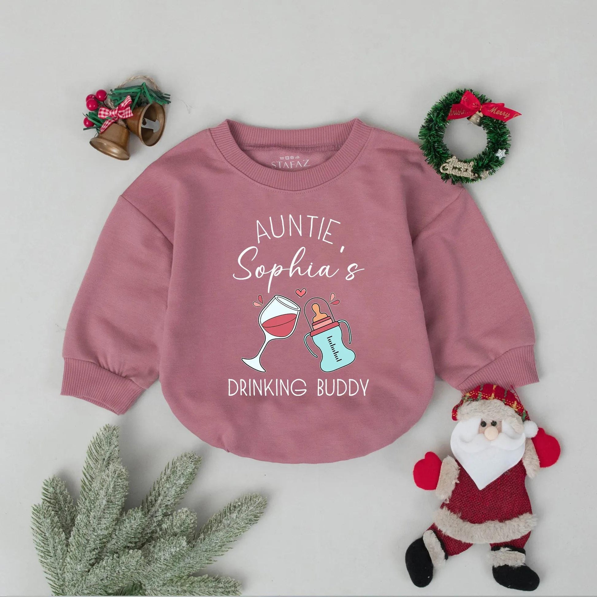 Auntie's Drinking Buddy Romper for Baby Girl, Custom Aunt Announcement Bodysuit Gift, Funny Newborn Outfit with Wine Glass, Hearts & Bottle Design