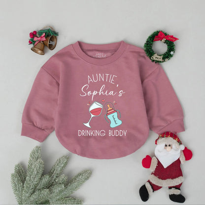 Auntie's Drinking Buddy Romper for Baby Girl, Custom Aunt Announcement Bodysuit Gift, Funny Newborn Outfit with Wine Glass, Hearts & Bottle Design