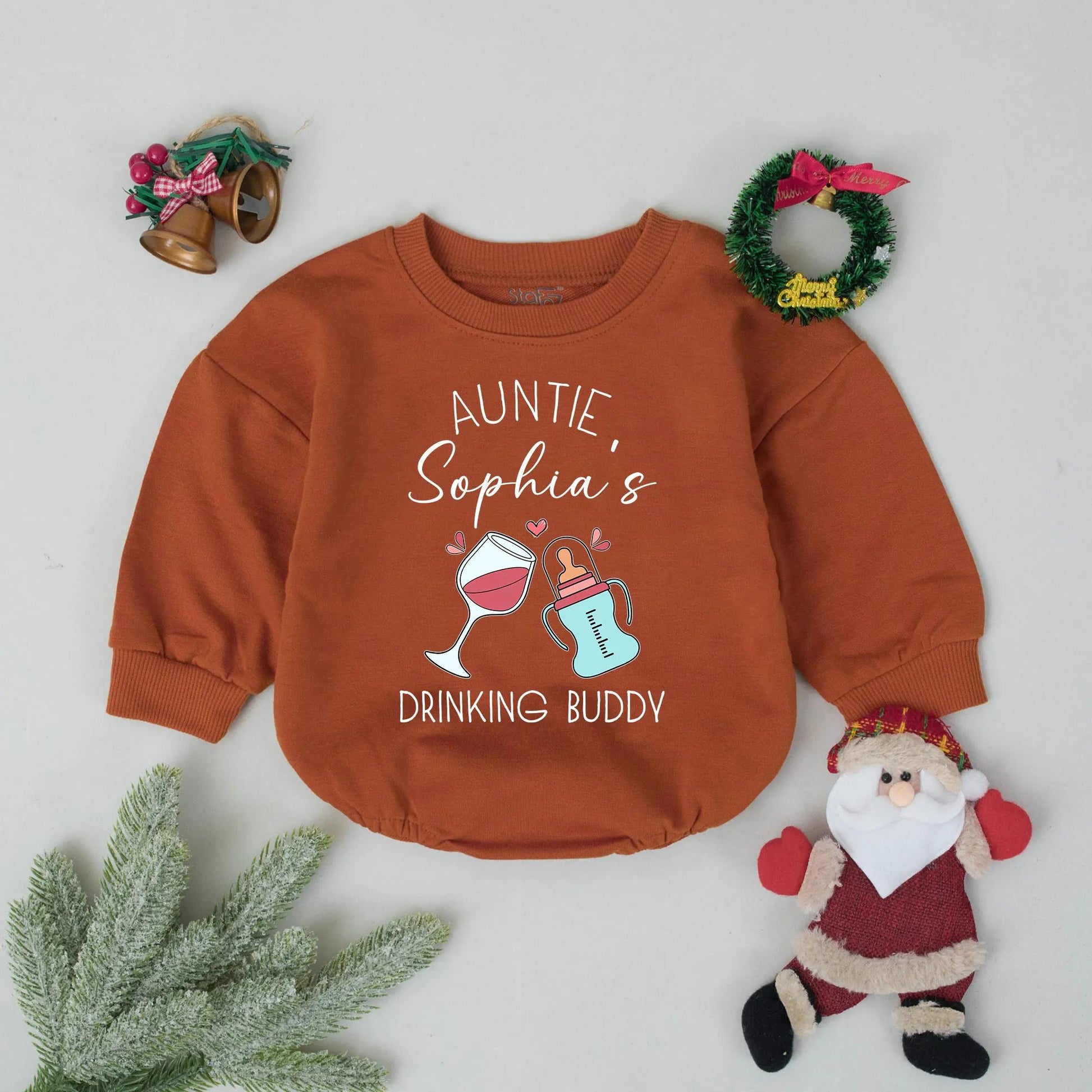 Auntie's Drinking Buddy Romper for Baby Girl, Custom Aunt Announcement Bodysuit Gift, Funny Newborn Outfit with Wine Glass, Hearts & Bottle Design