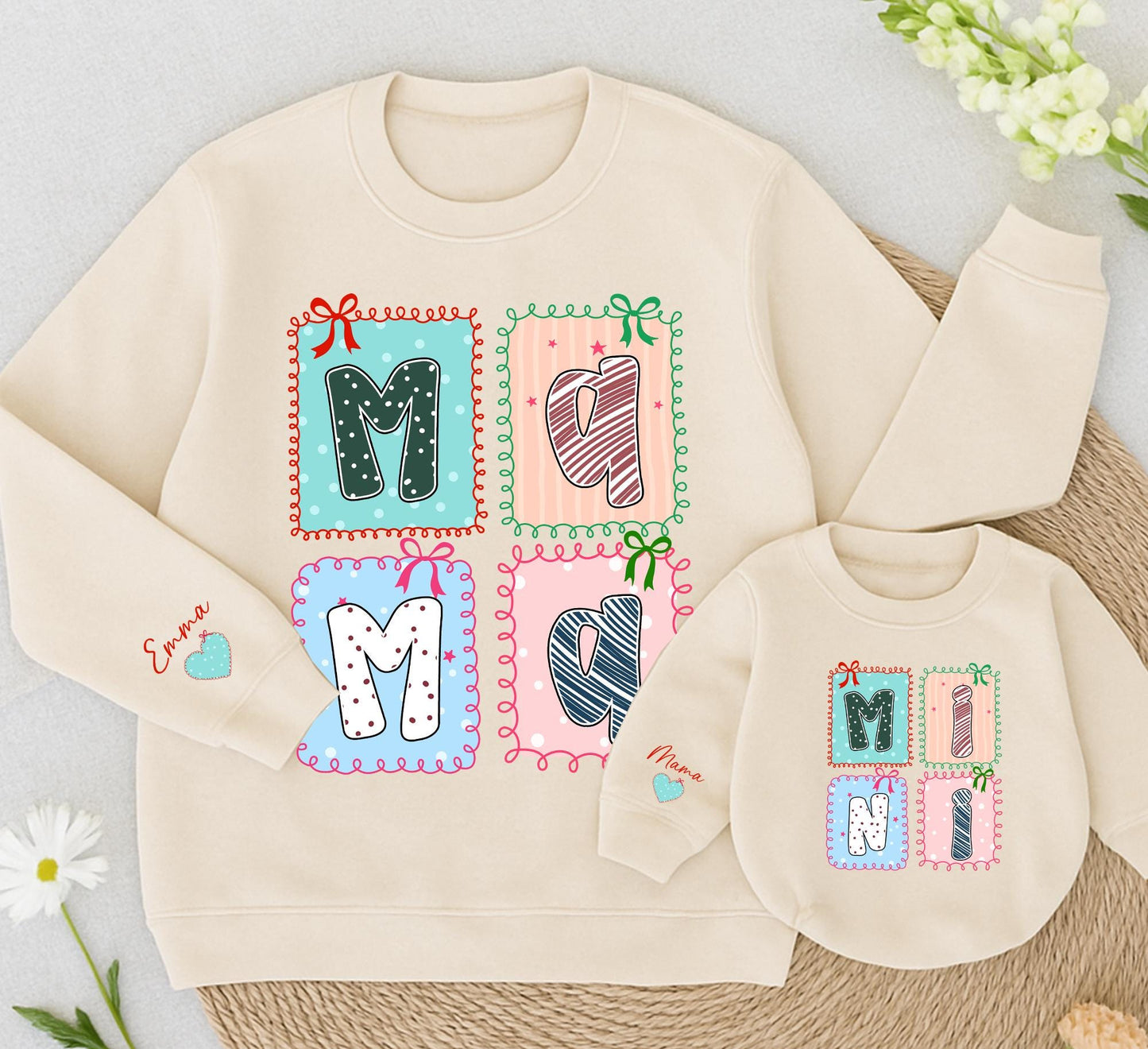 Personalized Mama and Mini Sweatshirt Whimsical Hand-Drawn Design Matching Family Outfit Baby Girl Kid Gift Christmas Holiday Cozy Comfort