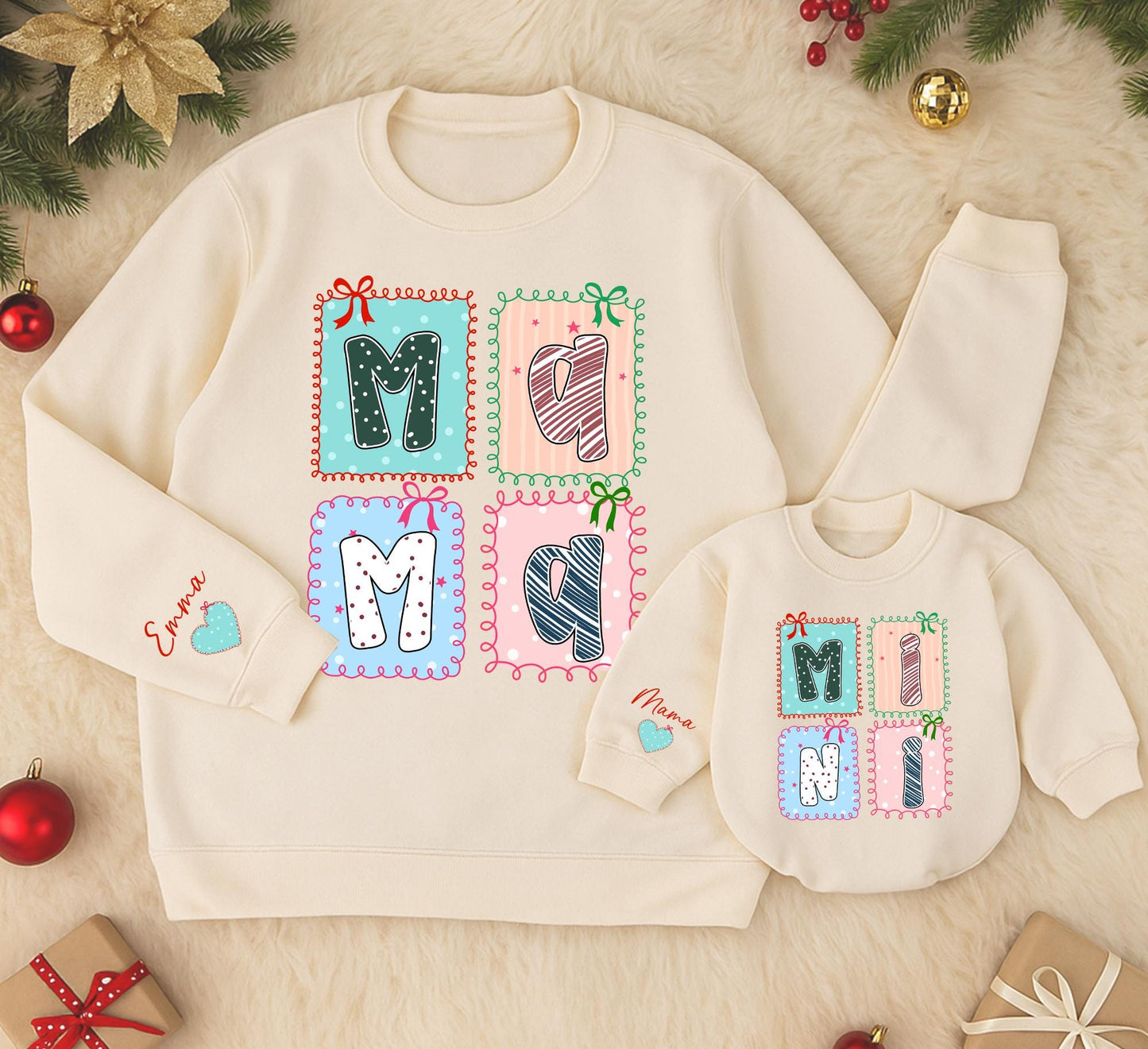Personalized Mama and Mini Sweatshirt Whimsical Hand-Drawn Design Matching Family Outfit Baby Girl Kid Gift Christmas Holiday Cozy Comfort