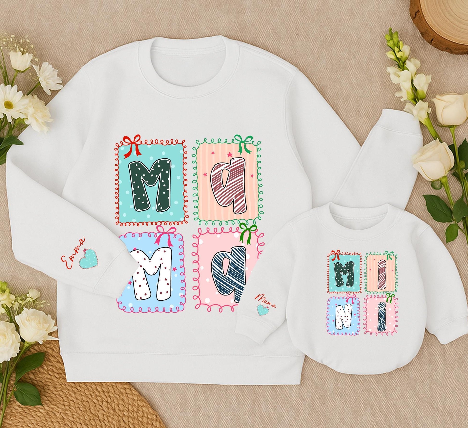 Personalized Mama and Mini Sweatshirt Whimsical Hand-Drawn Design Matching Family Outfit Baby Girl Kid Gift Christmas Holiday Cozy Comfort