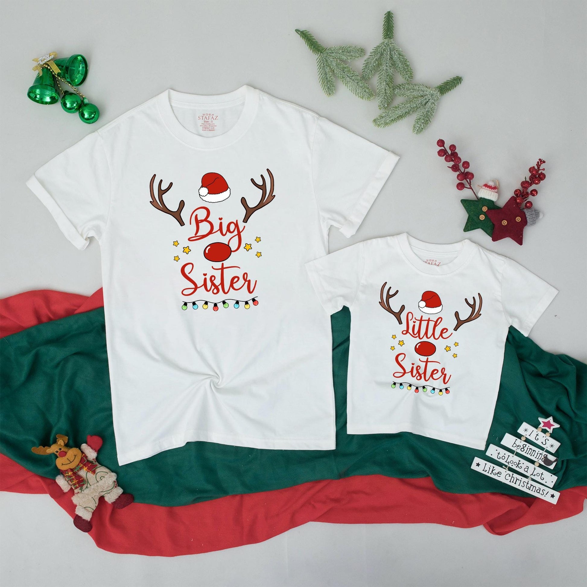 Cute Big Sister Little Sister Christmas Matching Outfit Rudolph Reindeer Santa Hat Toddler Girls Sibling Gift Festive Lights Stars