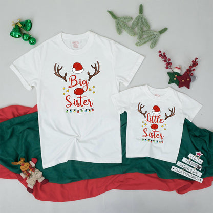 Cute Big Sister Little Sister Christmas Matching Outfit Rudolph Reindeer Santa Hat Toddler Girls Sibling Gift Festive Lights Stars
