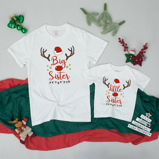 Cute Big Sister Little Sister Christmas Matching Outfit Rudolph Reindeer Santa Hat Toddler Girls Sibling Gift Festive Lights Stars