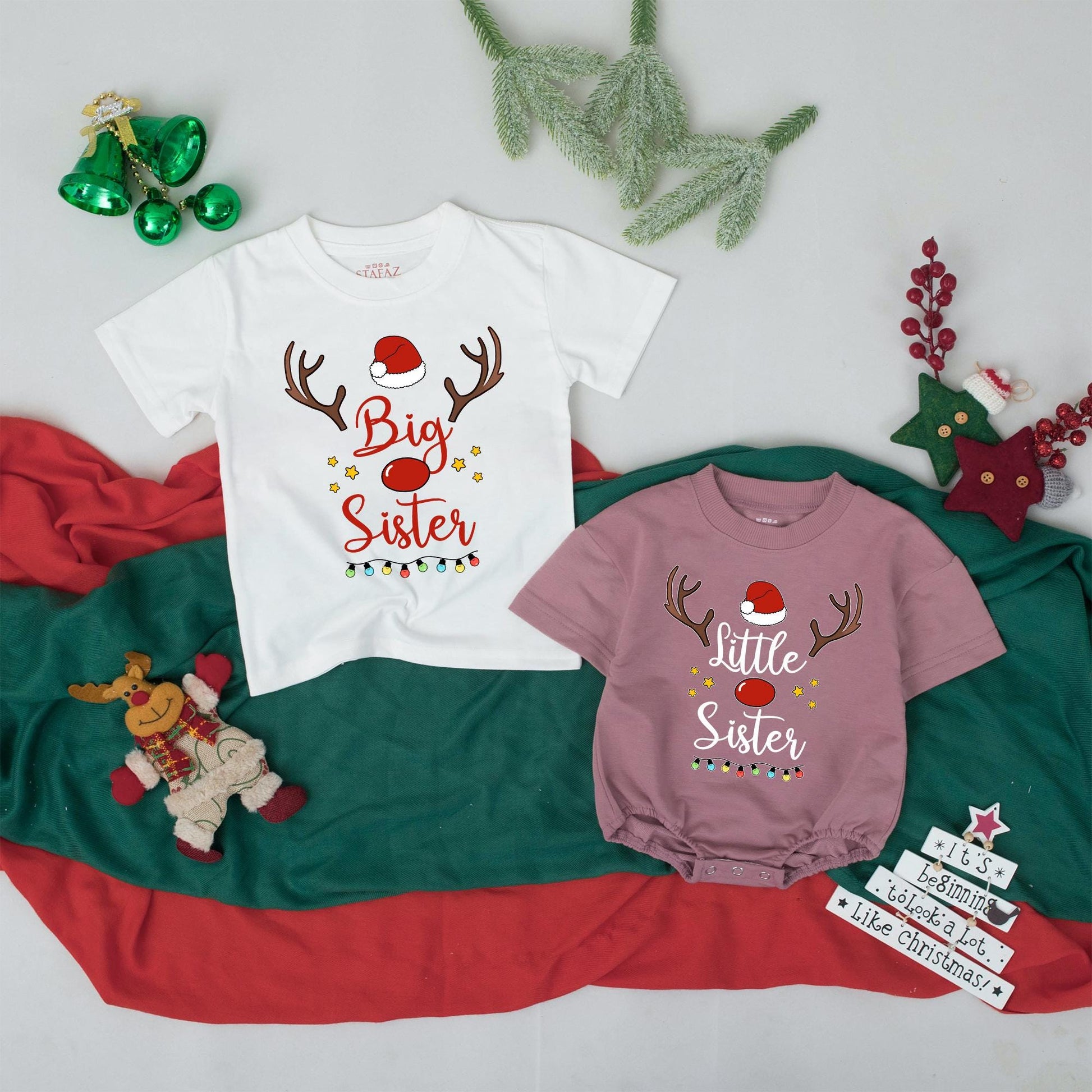 Cute Big Sister Little Sister Christmas Matching Outfit Rudolph Reindeer Santa Hat Toddler Girls Sibling Gift Festive Lights Stars