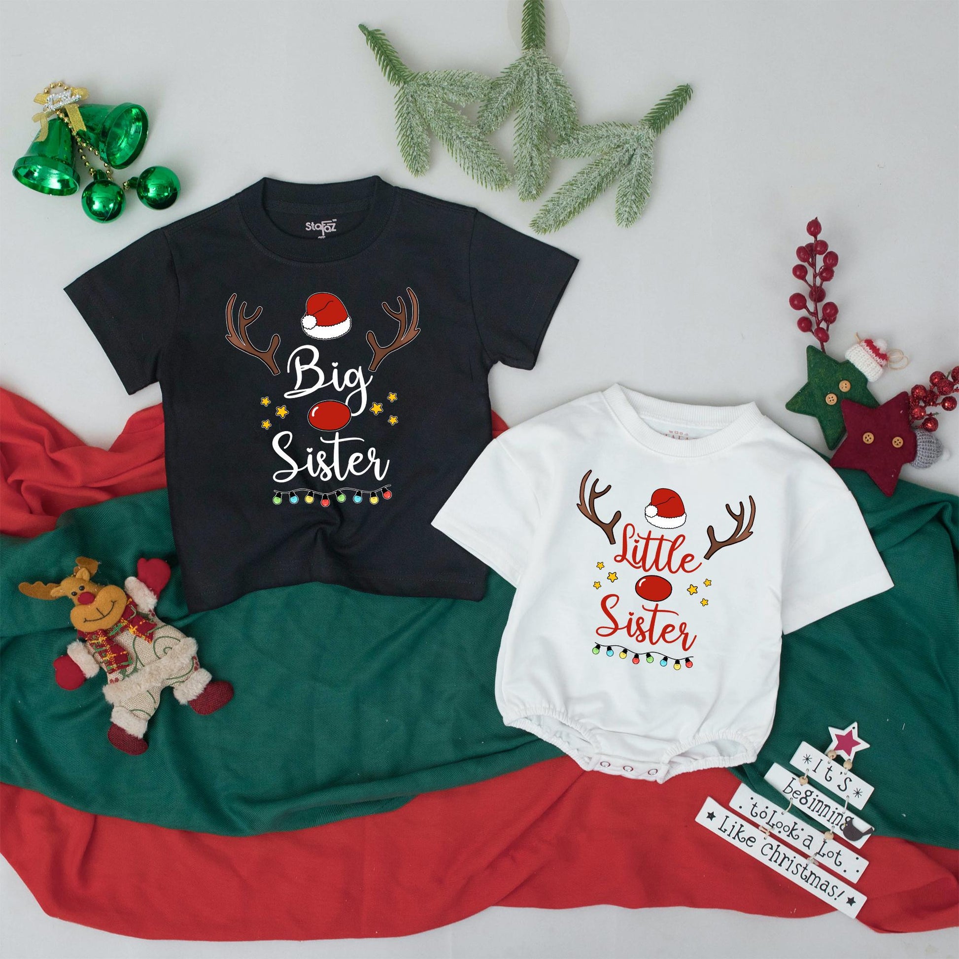 Cute Big Sister Little Sister Christmas Matching Outfit Rudolph Reindeer Santa Hat Toddler Girls Sibling Gift Festive Lights Stars