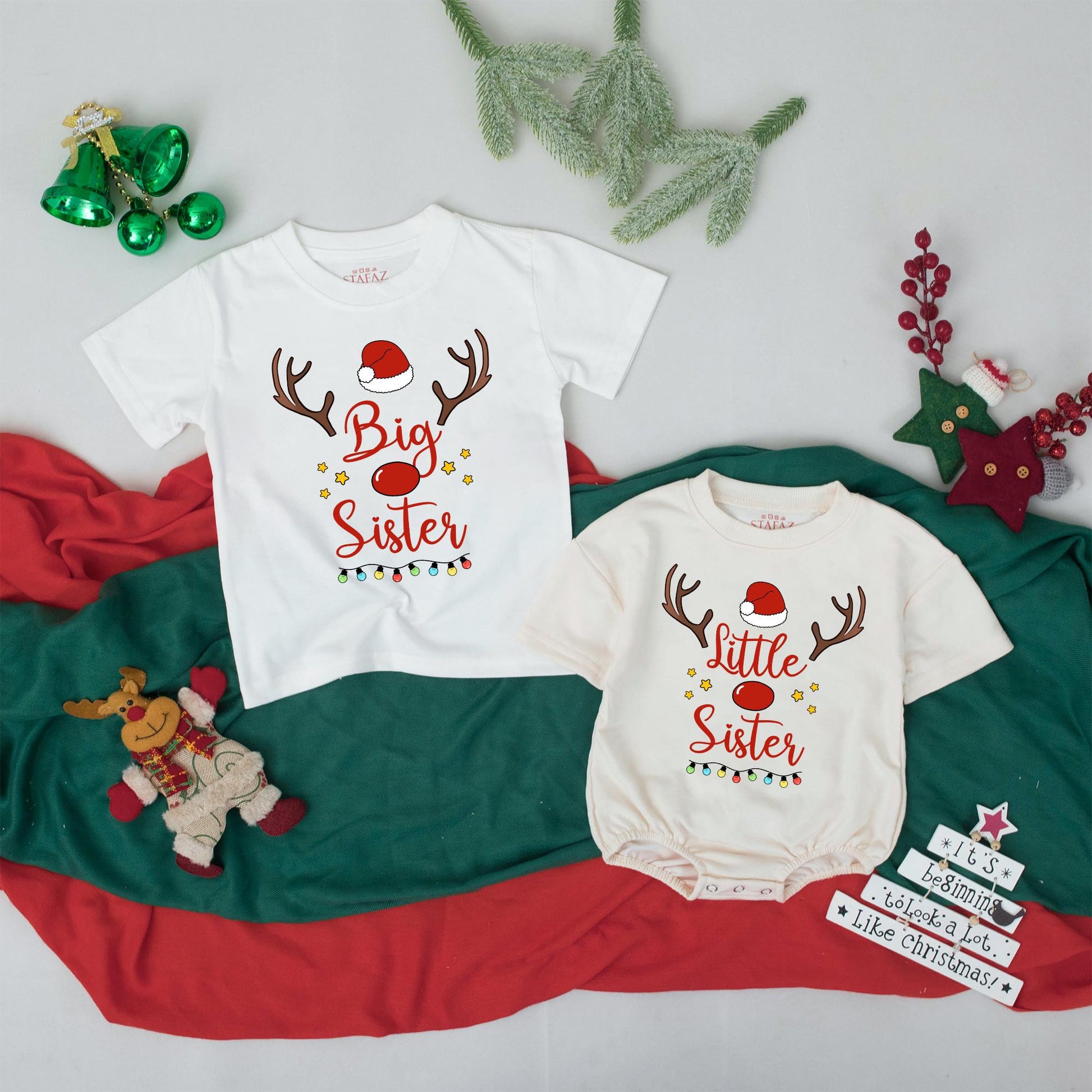 Cute Big Sister Little Sister Christmas Matching Outfit Rudolph Reindeer Santa Hat Toddler Girls Sibling Gift Festive Lights Stars