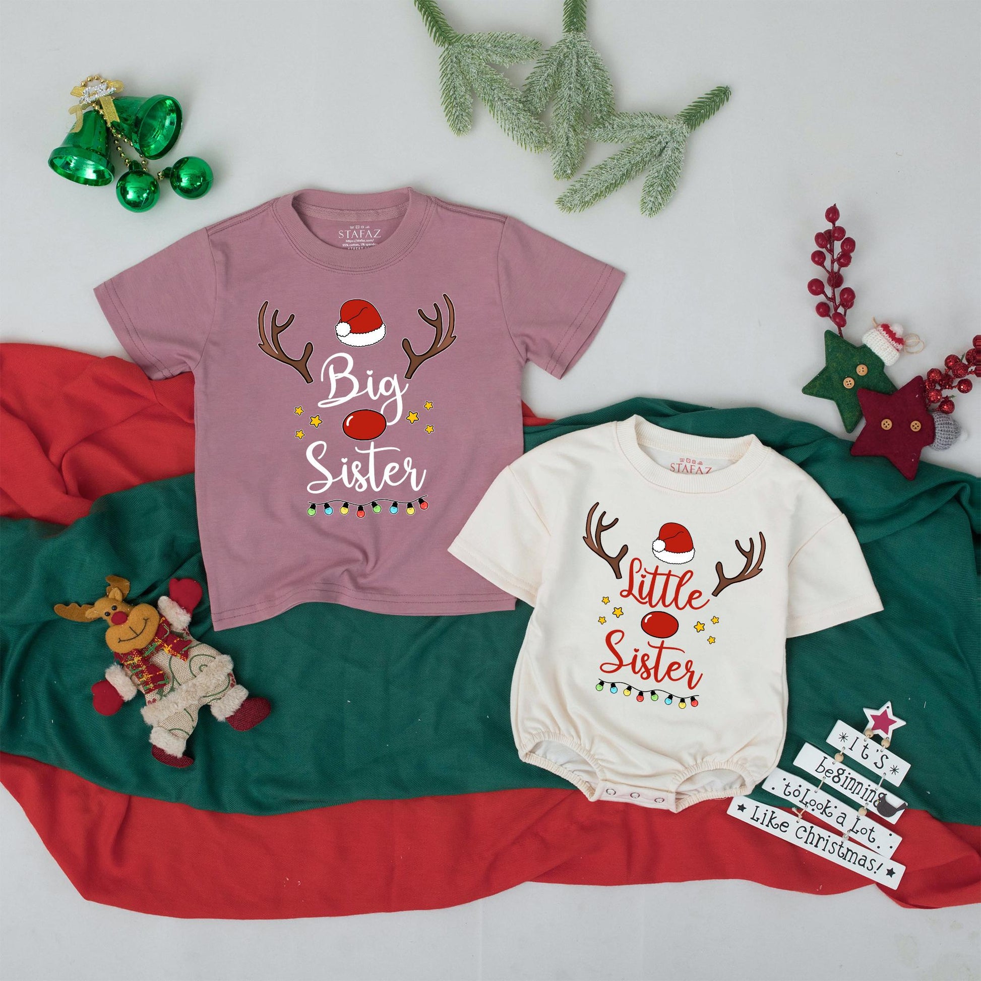 Cute Big Sister Little Sister Christmas Matching Outfit Rudolph Reindeer Santa Hat Toddler Girls Sibling Gift Festive Lights Stars