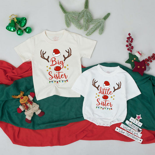 Cute Big Sister Little Sister Christmas Matching Outfit Rudolph Reindeer Santa Hat Toddler Girls Sibling Gift Festive Lights Stars