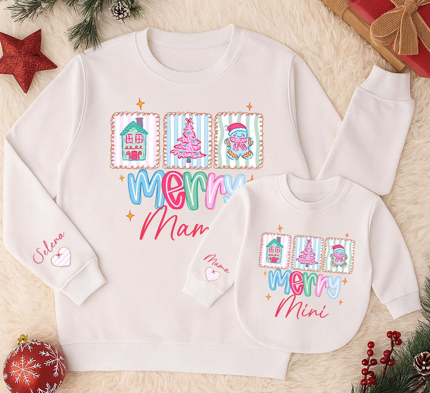Cute Pastel Merry Mama and Mini Matching Sweatshirts for Christmas Family Outfits with House Tree Gingerbread Man Illustrations Pastel Pink Blue Green