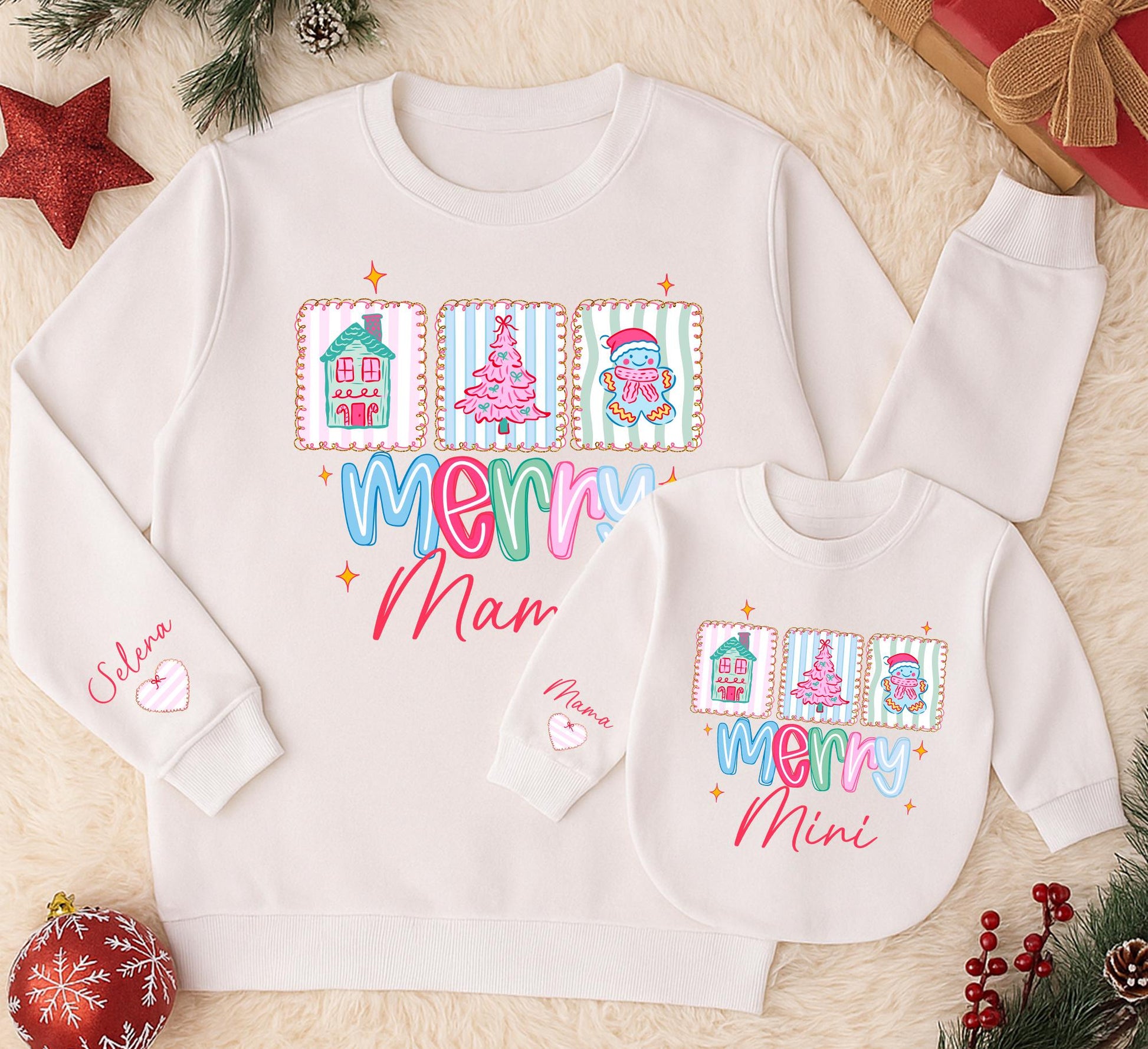 Cute Pastel Merry Mama and Mini Matching Sweatshirts for Christmas Family Outfits with House Tree Gingerbread Man Illustrations Pastel Pink Blue Green