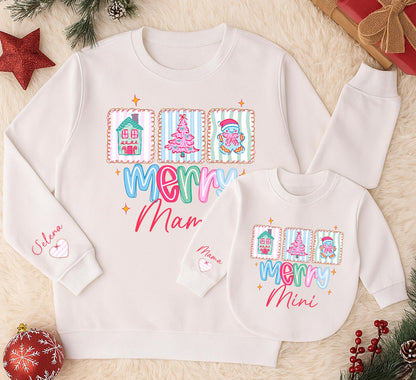 Cute Pastel Merry Mama and Mini Matching Sweatshirts for Christmas Family Outfits with House Tree Gingerbread Man Illustrations Pastel Pink Blue Green