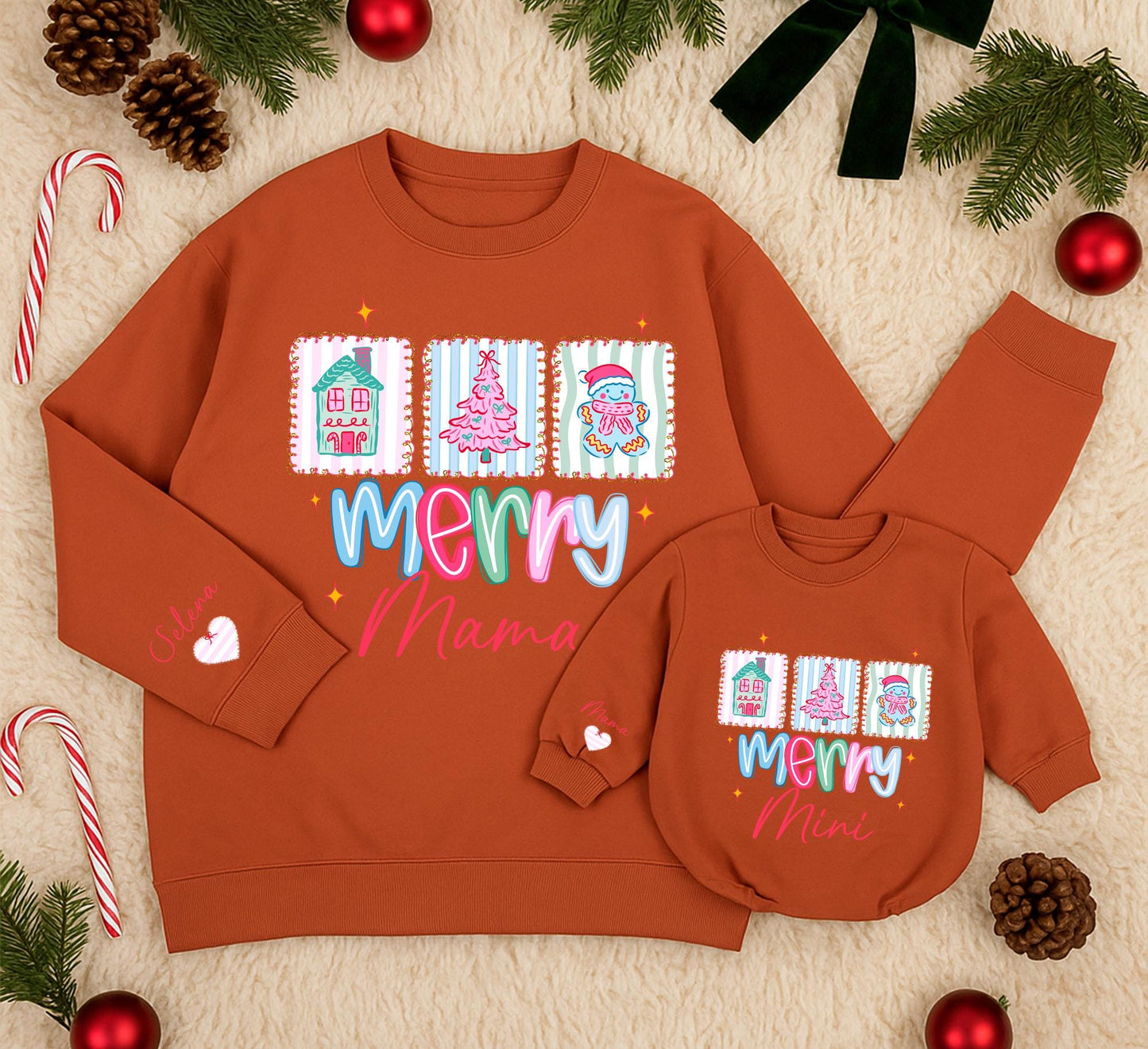 Cute Pastel Merry Mama and Mini Matching Sweatshirts for Christmas Family Outfits with House Tree Gingerbread Man Illustrations Pastel Pink Blue Green