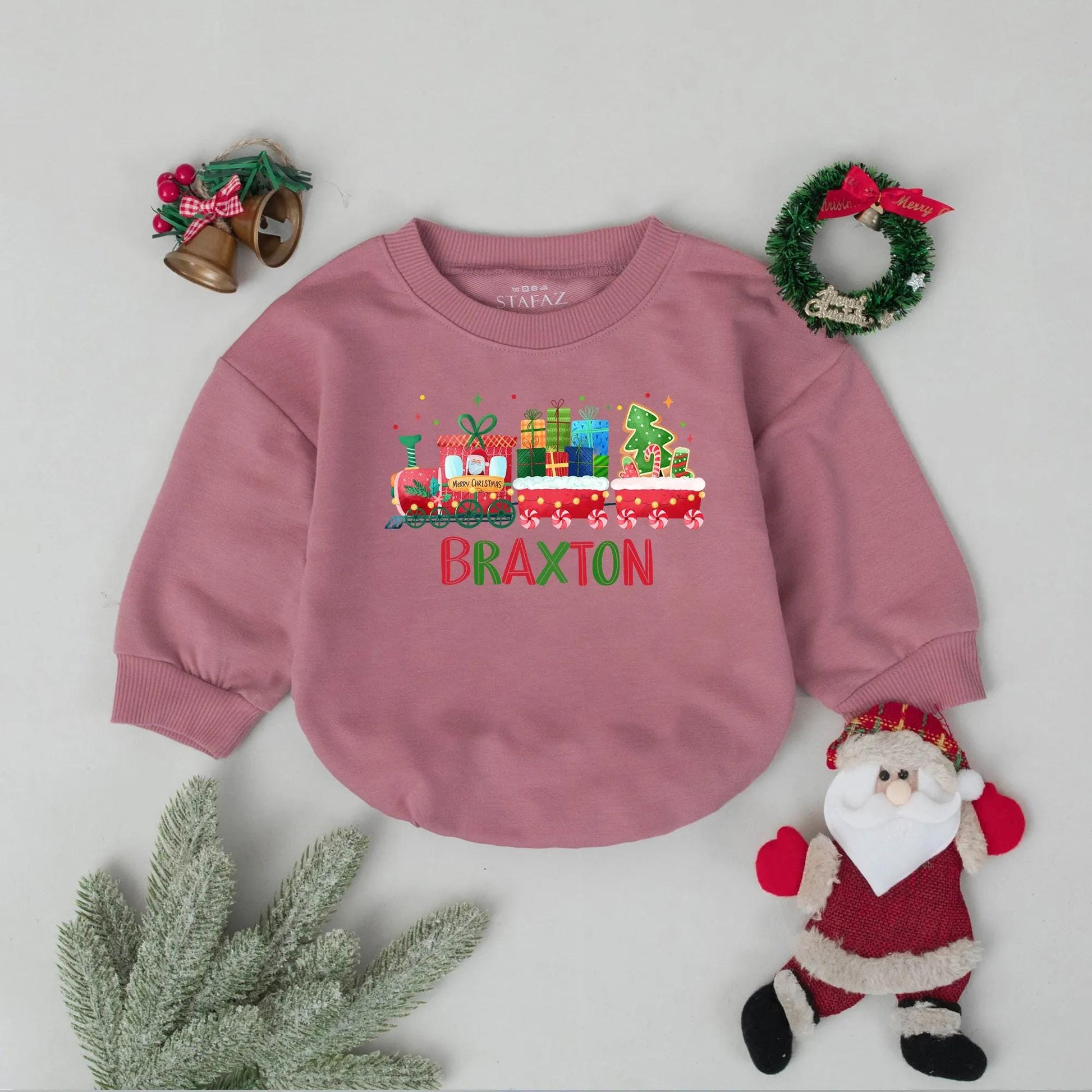 Braxton's First Christmas Train Romper: Personalized Holiday Baby Outfit, Xmas Newborn Gift, Cheerful Festive Toddler Sweatshirt, Christmas Party Favors